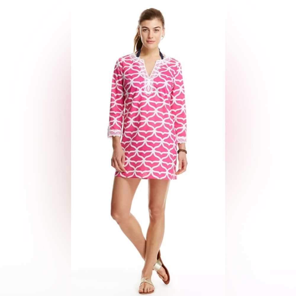 Vineyard Vines Embroidered Tunic Cover Up Dress Hot Pink Sz M Nautical Resort